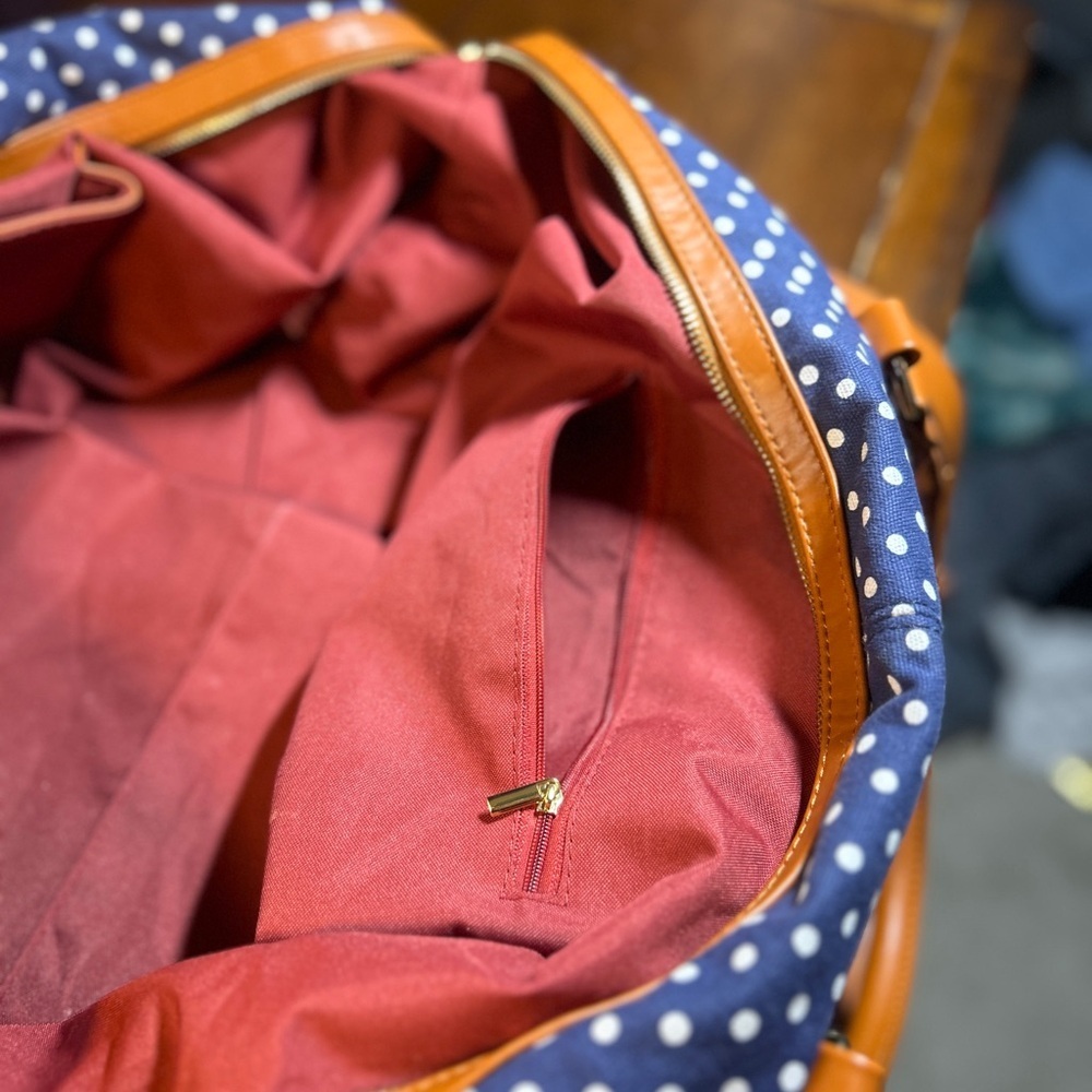 Stylish Navy Polka Dot Travel Bag with Tan Details​ - Picture 9 of 12